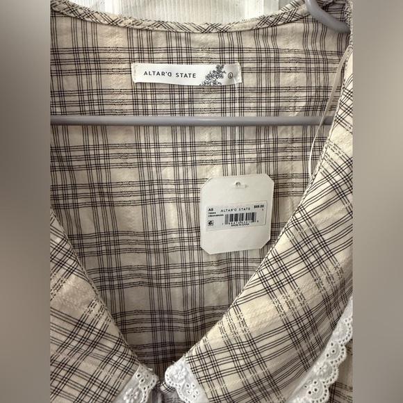 Altar’d State Raya Plaid Beige Women's Top with Lace Collar - Picture 3 of 9